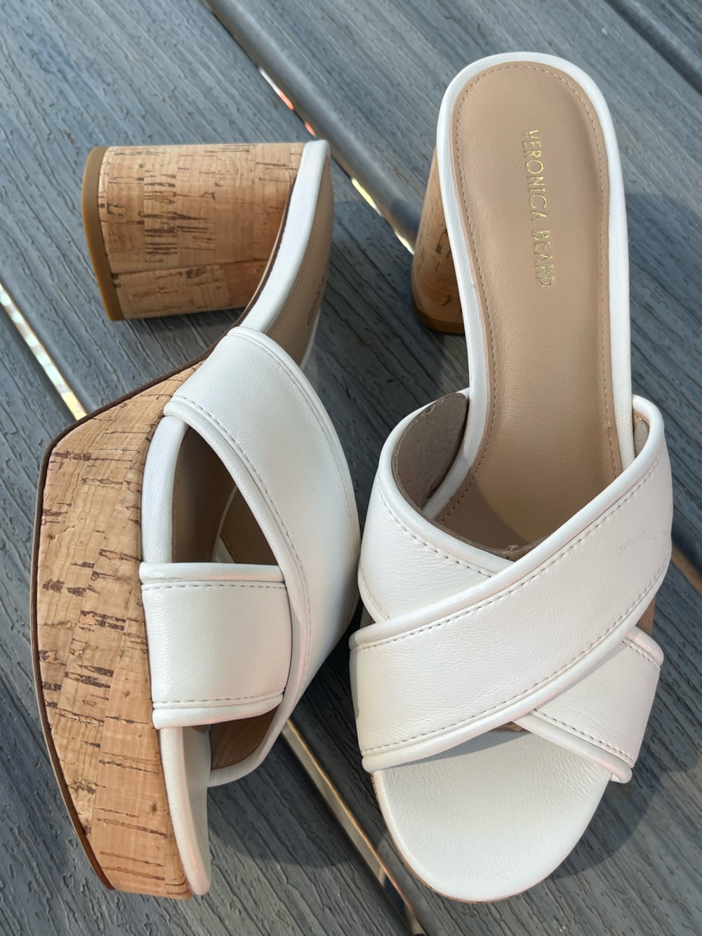 Veronica Beard White Cork Block Heel Slide Sandals 7.5